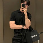 Men's Ribbed Button Polo Collar Short Sleeve Polo Shirt