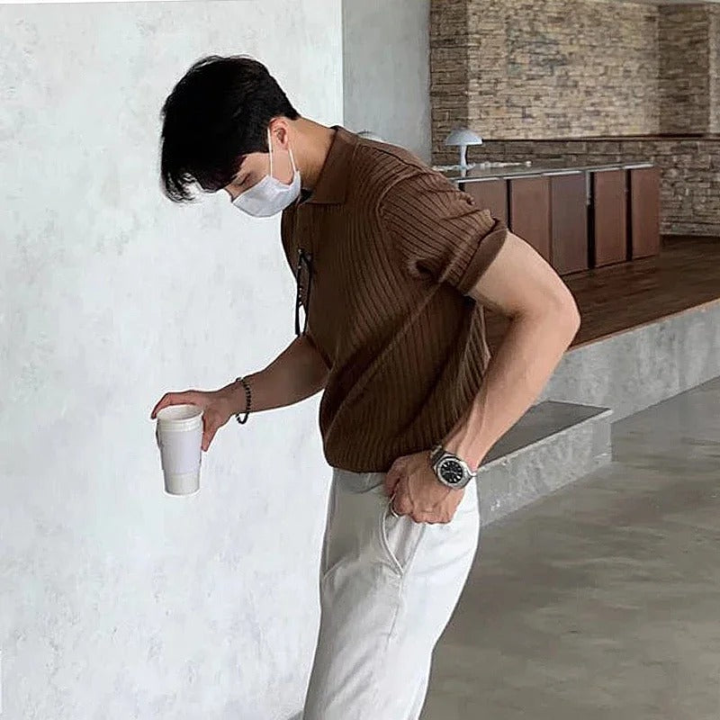 Men's Ribbed Button Polo Collar Short Sleeve Polo Shirt