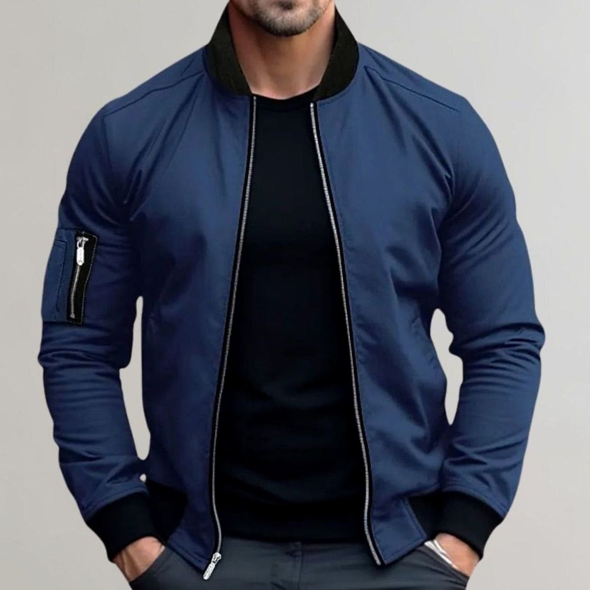 Men's Ribbed-Collar Zip-Up Bomber Jacket