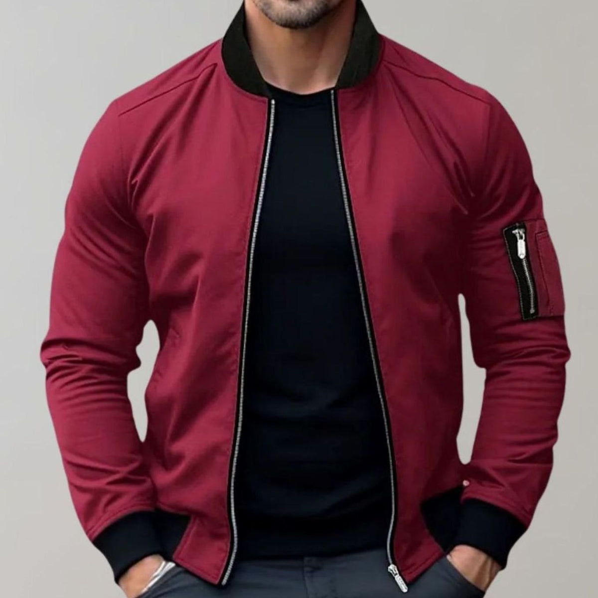 Men's Ribbed-Collar Zip-Up Bomber Jacket