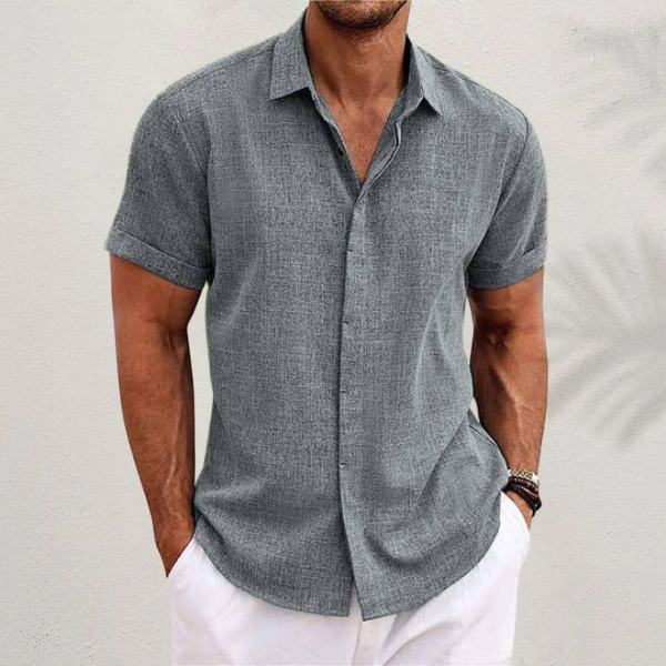 Men's Short Sleeve Button-Up Casual Shirt with Rolled Cuffs