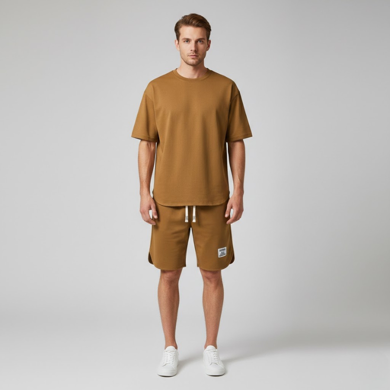 Men’s Short Sleeve Crew Neck T Shirt and Drawstring Shorts 2 Piece Set