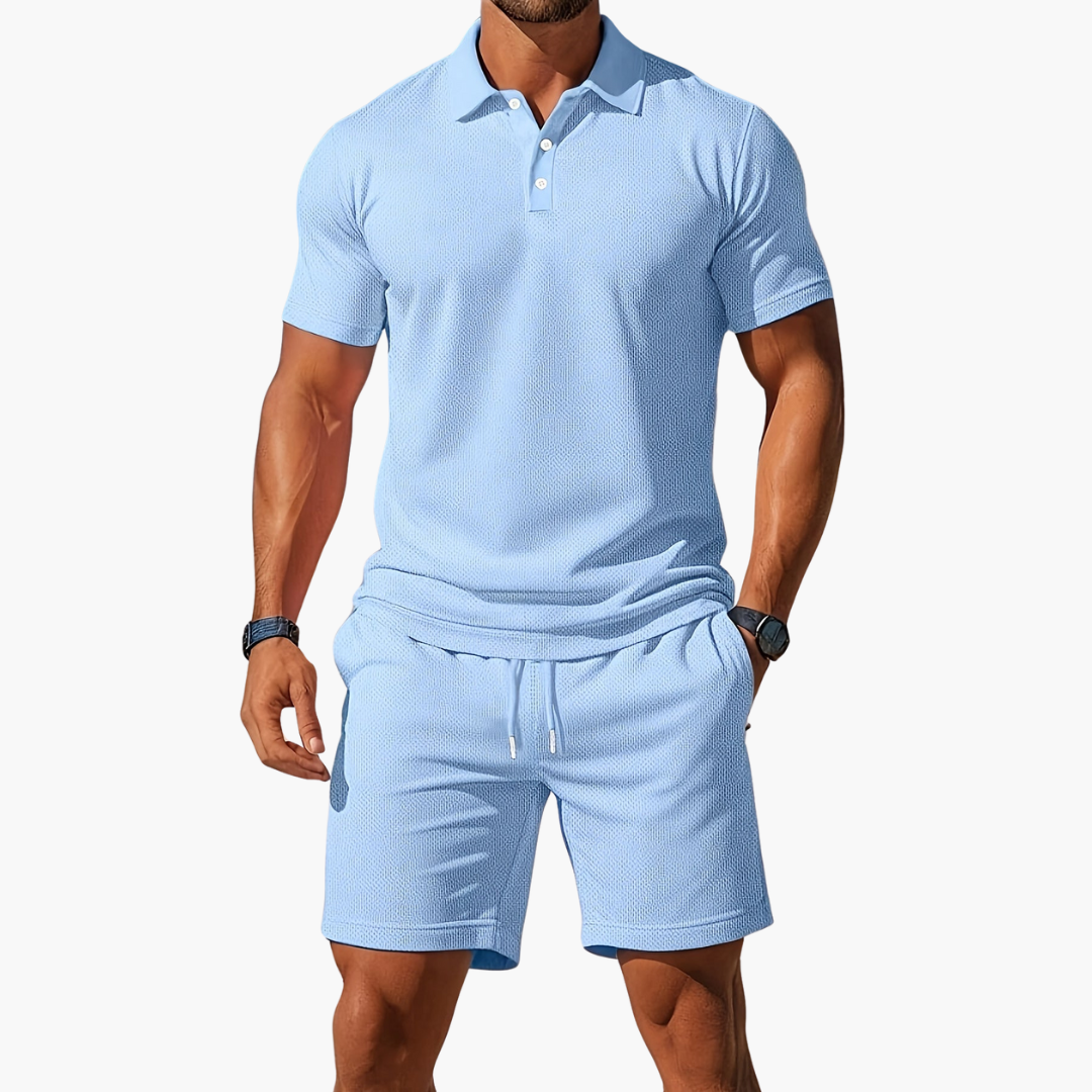 Men’s Short Sleeve Polo Shirt and Drawstring Shorts 2 Piece Lounge Set