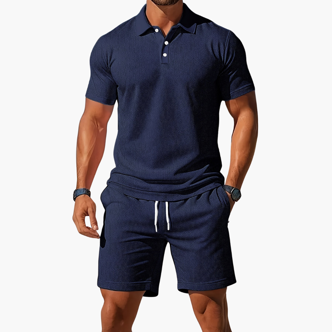 Men’s Short Sleeve Polo Shirt and Drawstring Shorts 2 Piece Lounge Set