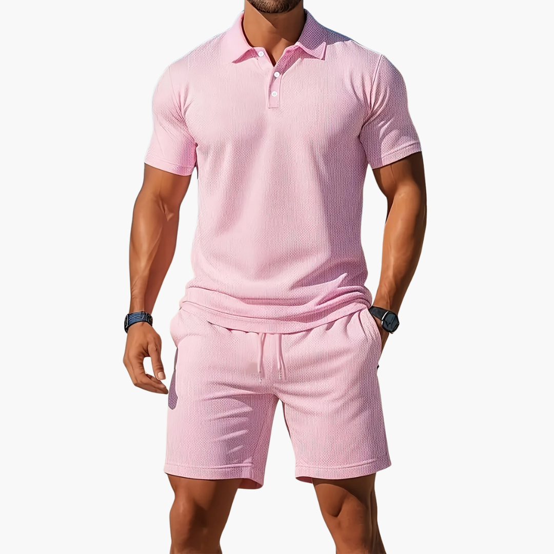 Men’s Short Sleeve Polo Shirt and Drawstring Shorts 2 Piece Lounge Set