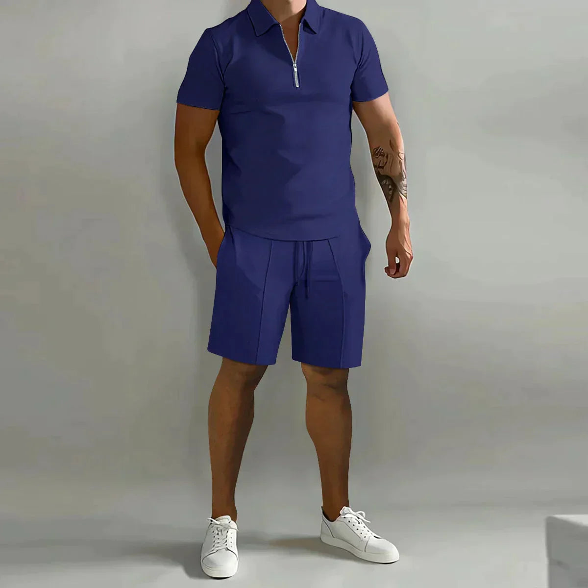 Men’s Short Sleeve Zip Polo Shirt and Drawstring Shorts 2 Piece Set
