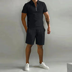 Men’s Short Sleeve Zip Polo Shirt and Drawstring Shorts 2 Piece Set
