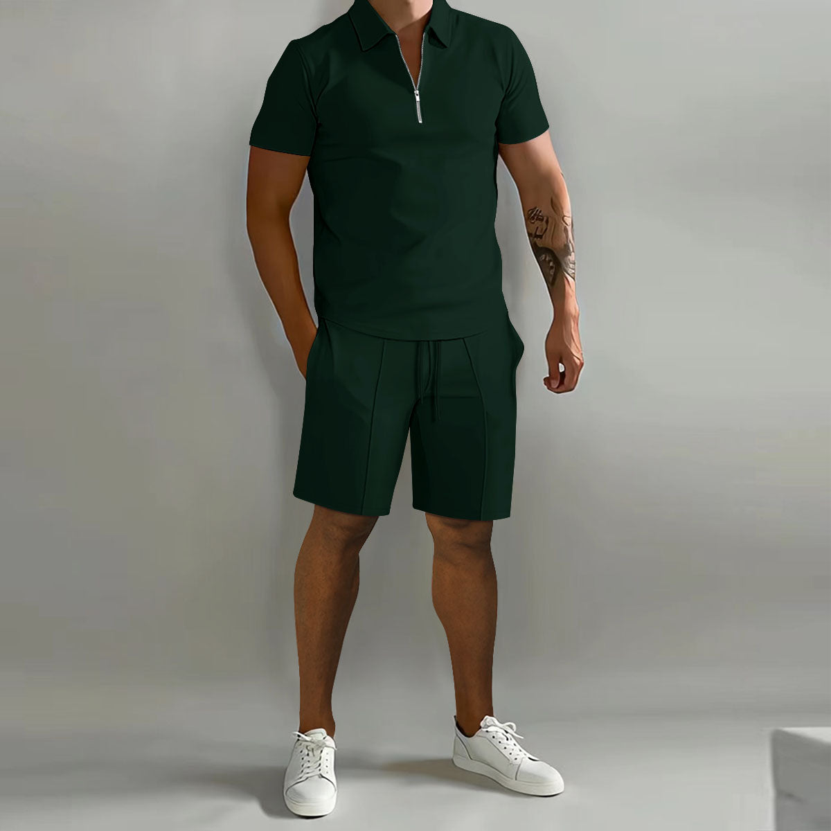 Men’s Short Sleeve Zip Polo Shirt and Drawstring Shorts 2 Piece Set