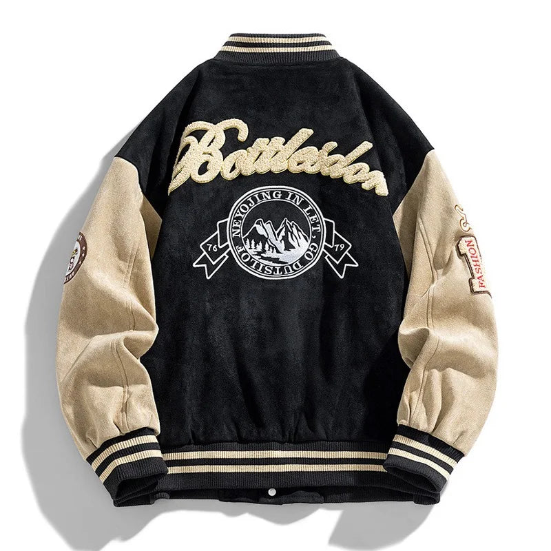 Men’s Snap Button Two-Tone Patch Varsity Bomber Jacket