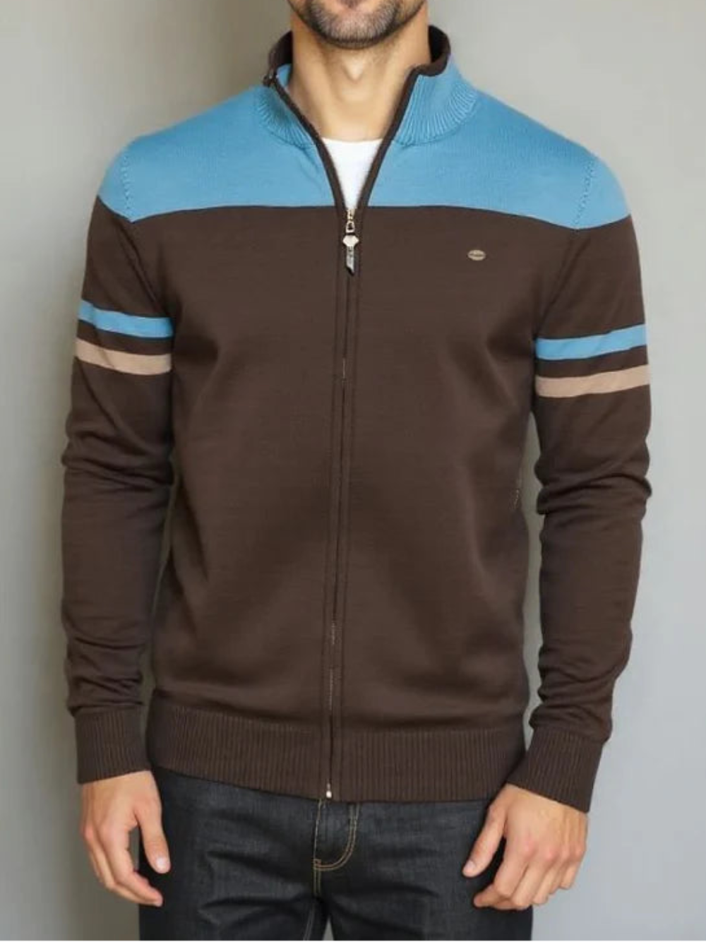 Men’s Stripe Sleeve Full Zip Knit Cardigan