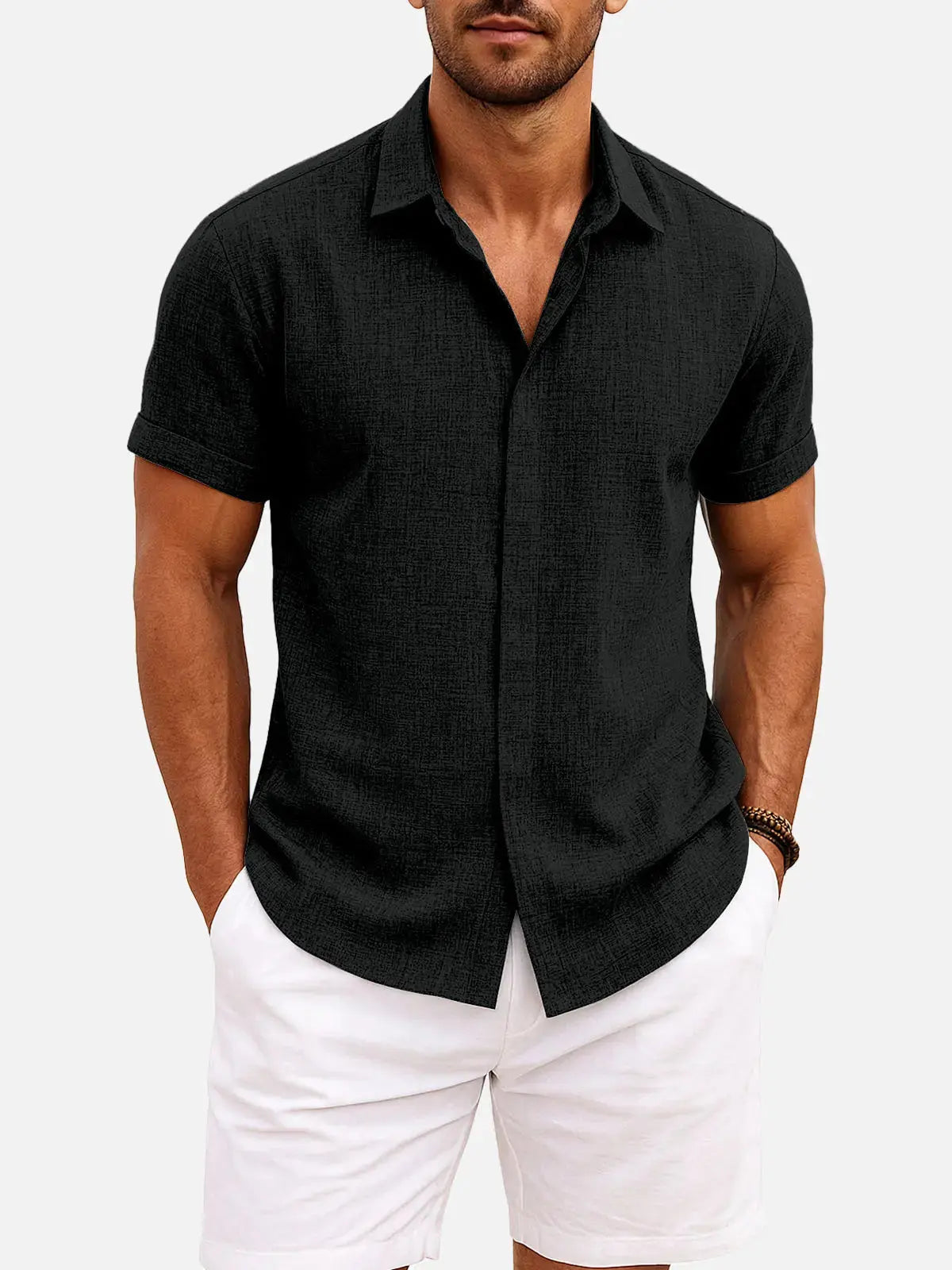 Men’s Textured Button Down Short Sleeve Collared Casual Shirt