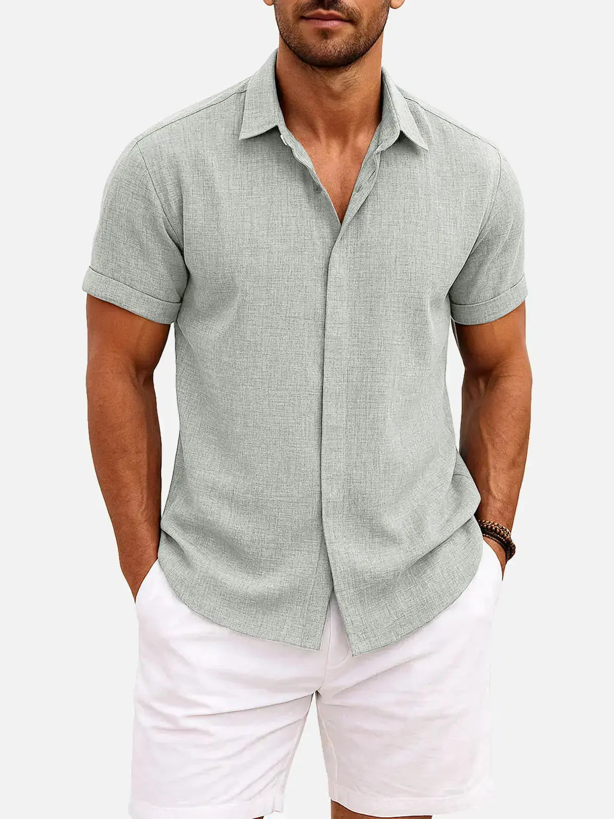 Men’s Textured Button Down Short Sleeve Collared Casual Shirt