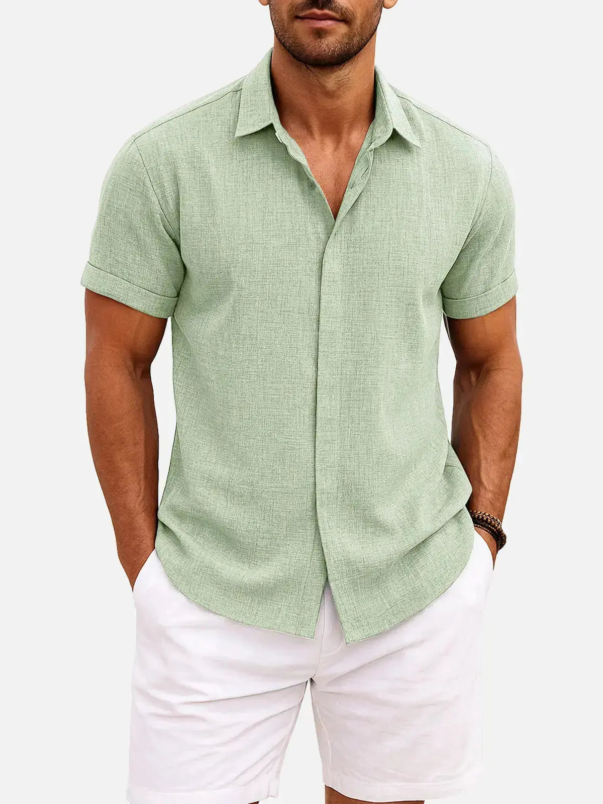 Men’s Textured Button Down Short Sleeve Collared Casual Shirt
