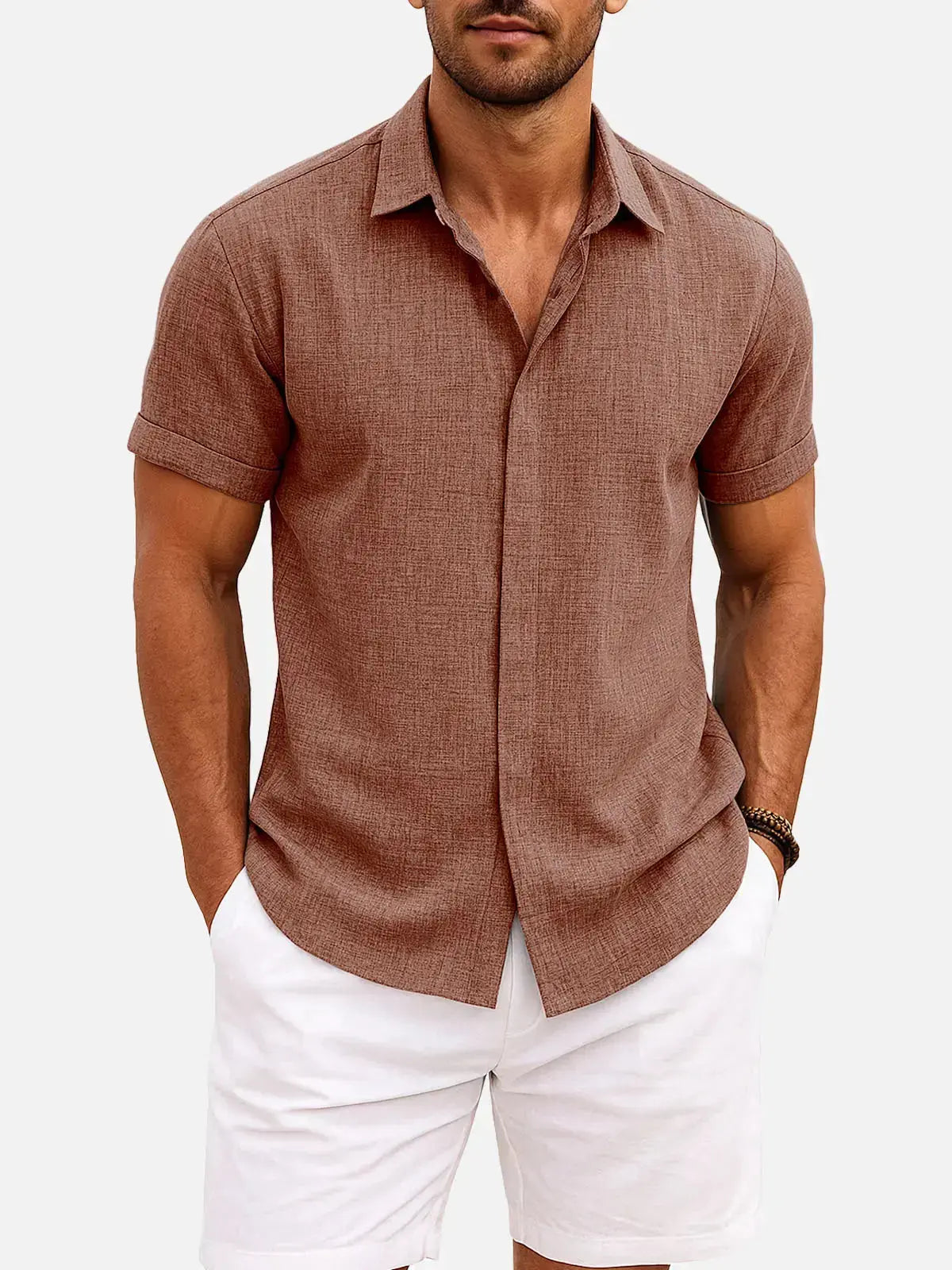 Men’s Textured Button Down Short Sleeve Collared Casual Shirt