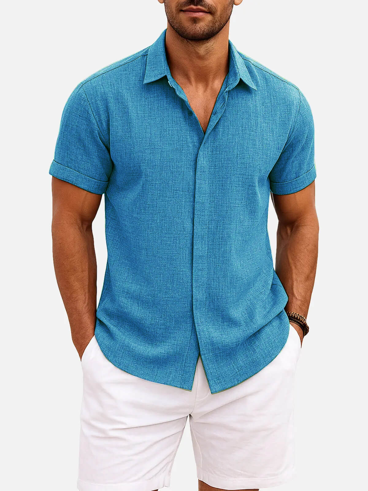 Men’s Textured Button Down Short Sleeve Collared Casual Shirt