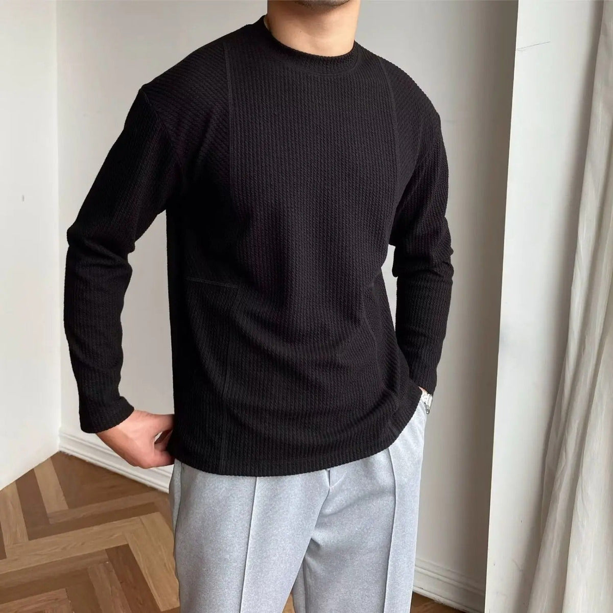 Men's Textured Long Sleeve Crew Neck Sweater