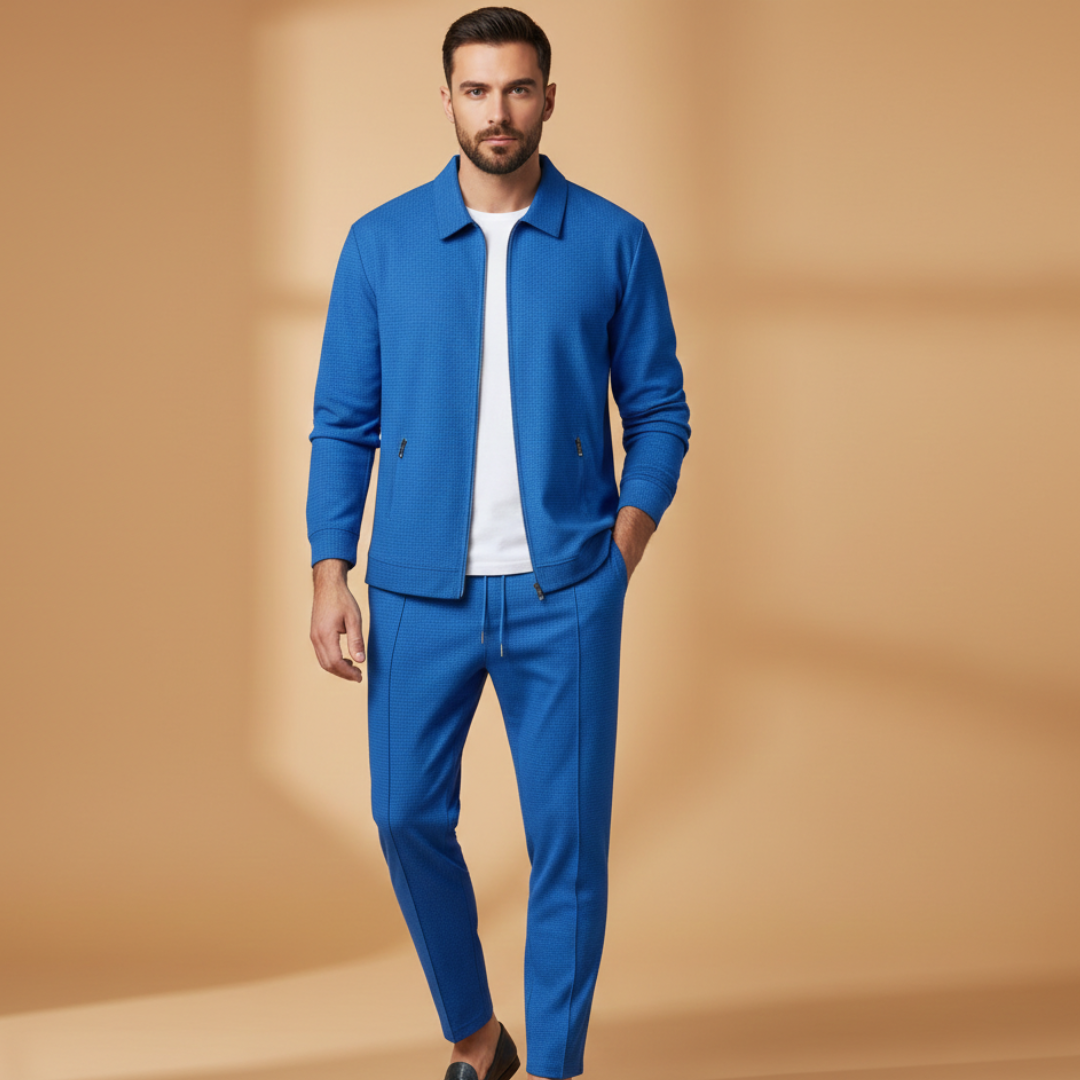 Men’s Textured Zip Up 2 Piece Tracksuit Set