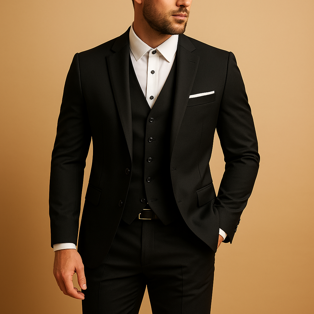 Men's Wedding Notch Lapel Button Front Vest Flap Pocket Three Part Suit