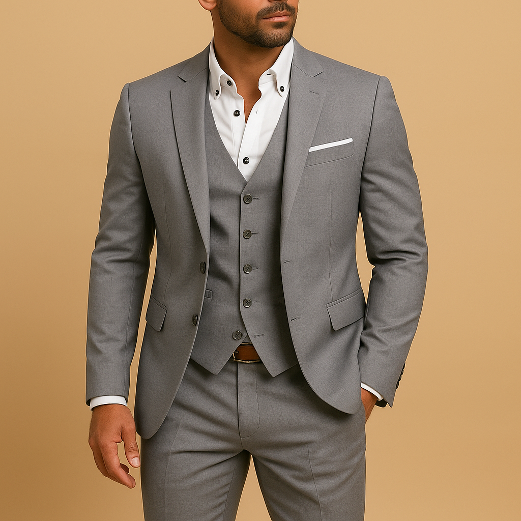 Men's Wedding Notch Lapel Button Front Vest Flap Pocket Three Part Suit