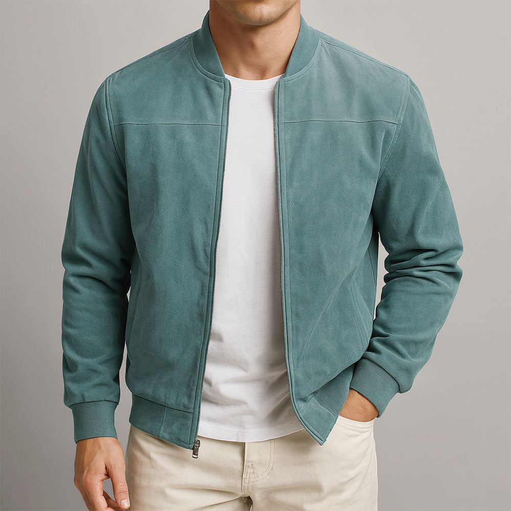 Men’s Zip Front Ribbed Trim Stand Collar Bomber Jacket