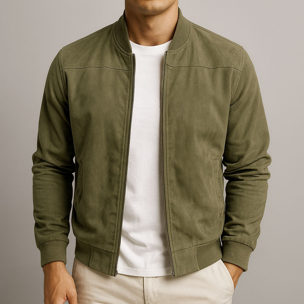 Men’s Zip Front Ribbed Trim Stand Collar Bomber Jacket