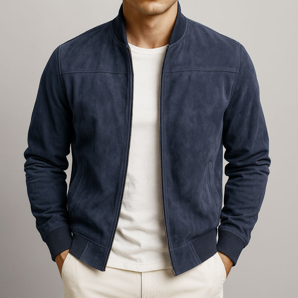 Men’s Zip Front Ribbed Trim Stand Collar Bomber Jacket