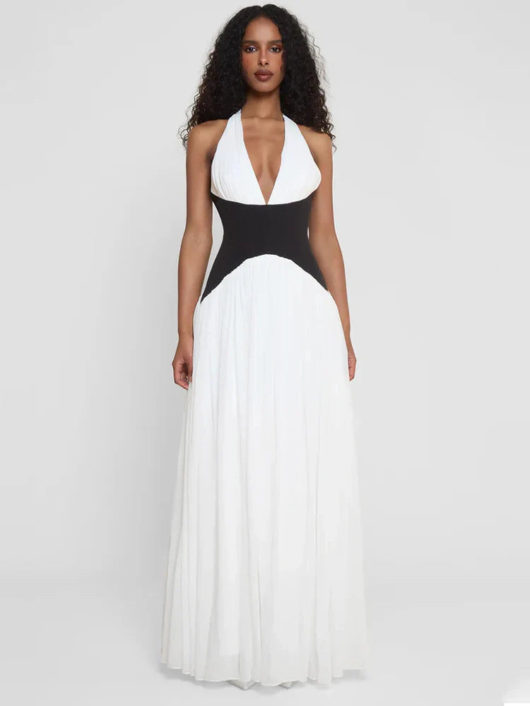 Women’s Contrast Panel Halter Maxi Wedding Guest Dress