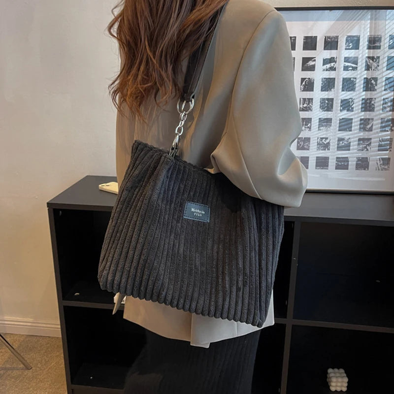Women’s Corduroy Shoulder Bag with Ribbed Design