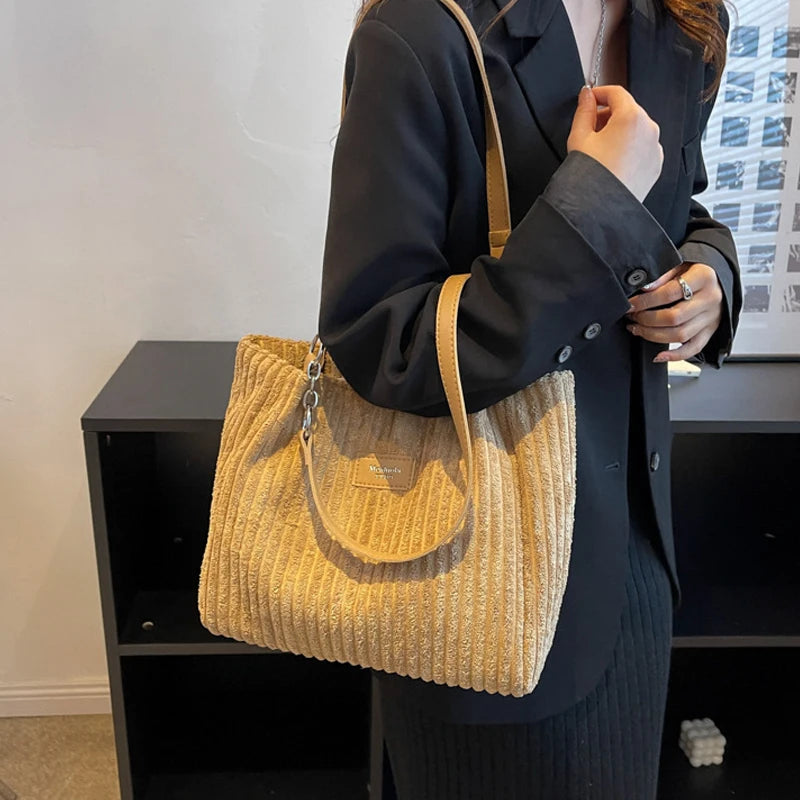 Women’s Corduroy Shoulder Bag with Ribbed Design