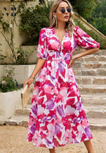 Women’s Floral Puff Sleeve Midi Wedding Guest Dress