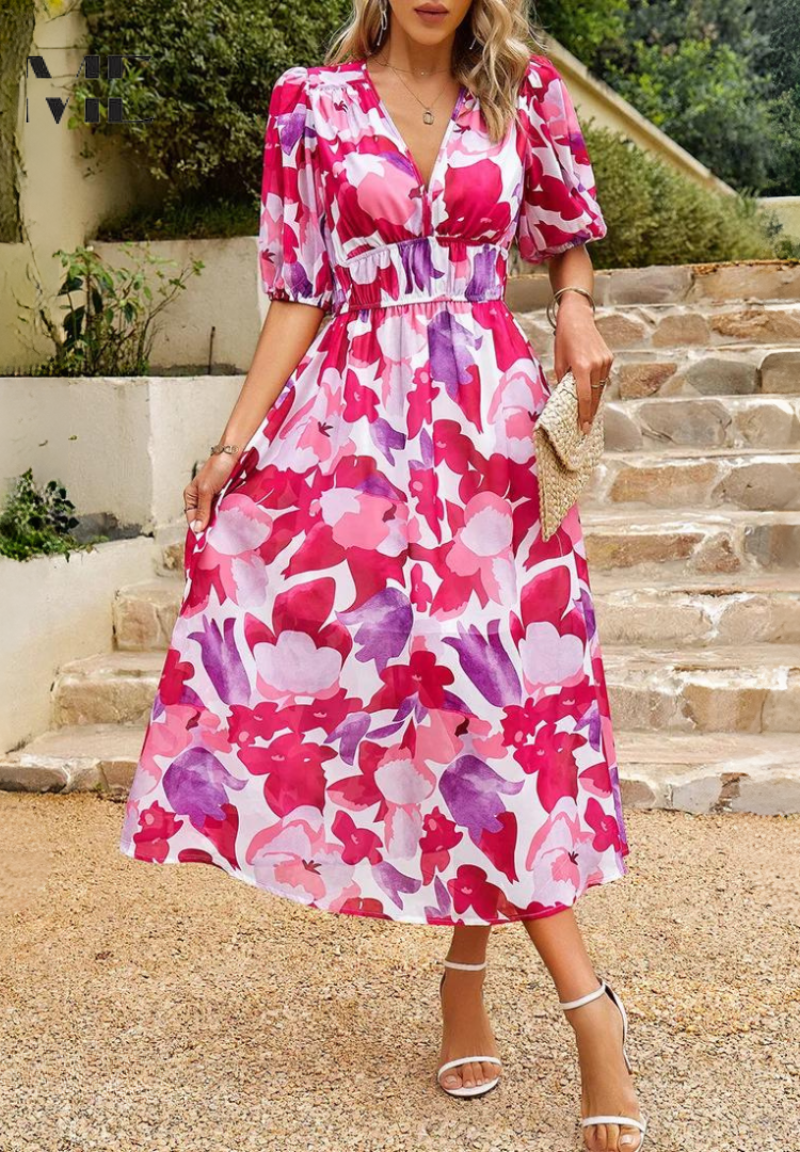 Women’s Floral Puff Sleeve Midi Wedding Guest Dress