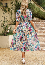Women’s Floral Puff Sleeve Midi Wedding Guest Dress