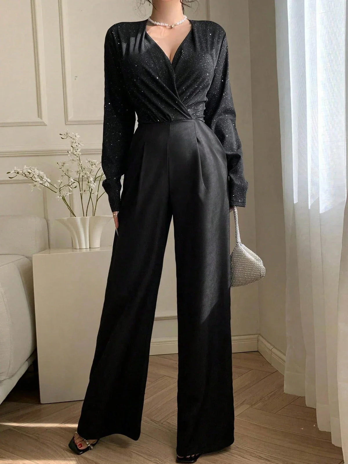 Women’s Glitter Wrap Wide Leg Jumpsuit