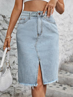 Women’s High Waisted Front Slit Denim Midi Skirt