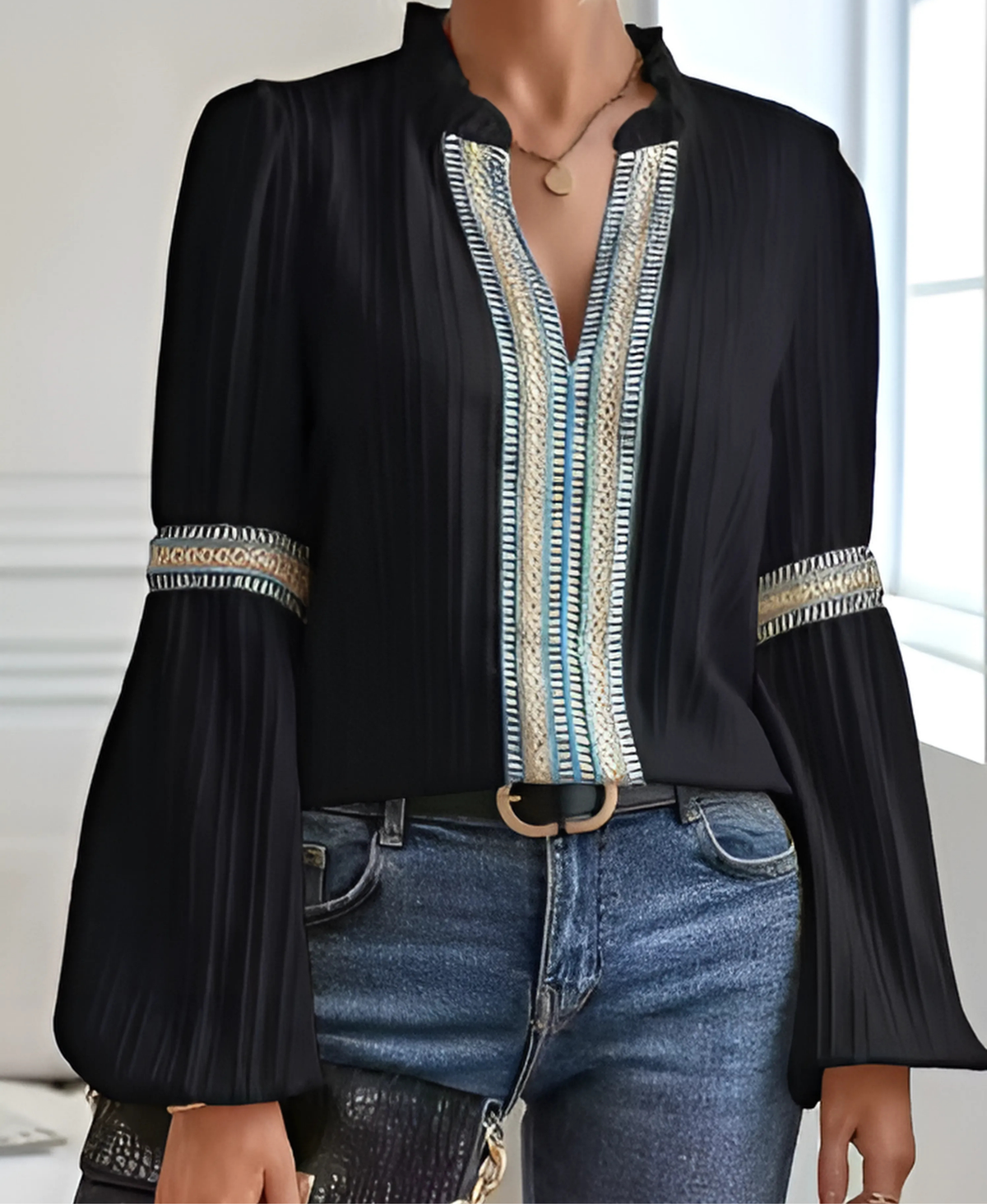 Women’s Long Sleeve V-Neck Embroidered Blouse