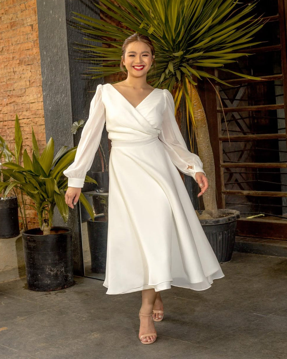 Women’s Long Sleeve Wrap Midi Wedding Guest Dress