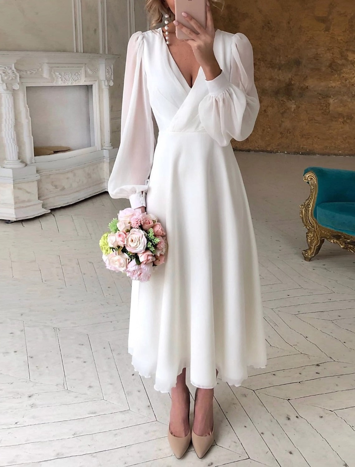 Women’s Long Sleeve Wrap Midi Wedding Guest Dress