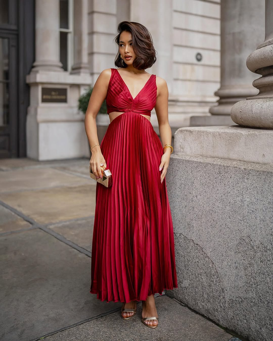 Women’s Pleated Cut-Out Midi Wedding Guest Dress