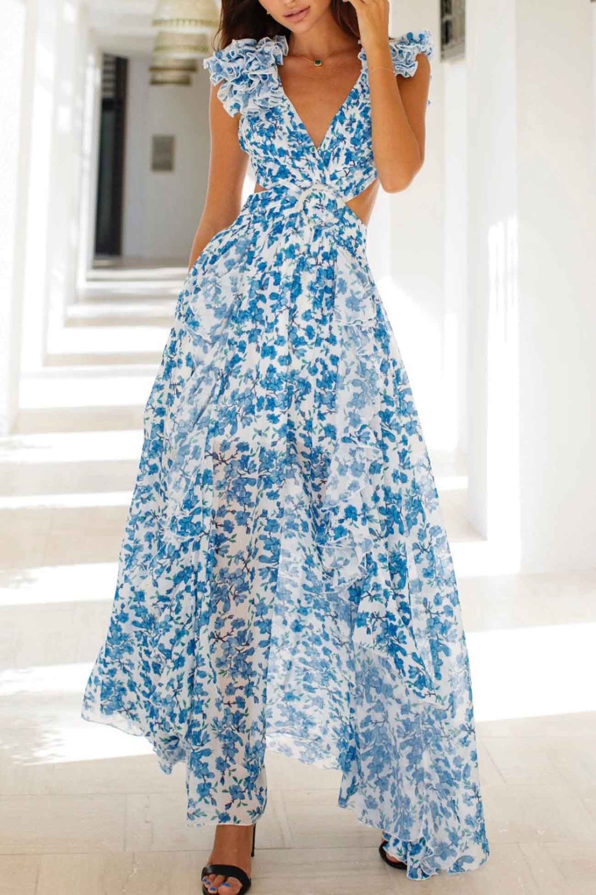 Women’s Ruffle Sleeve Floral Maxi Wedding Guest Dress