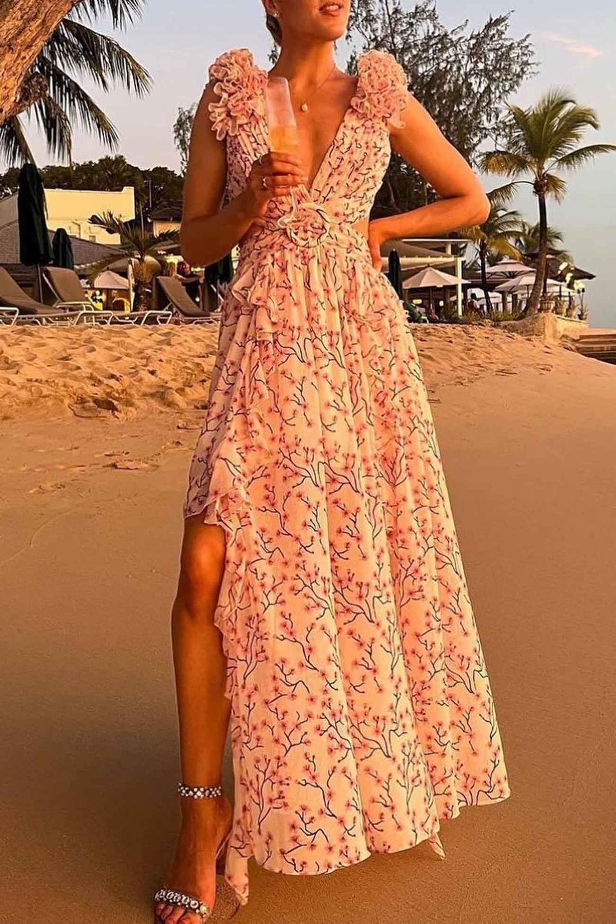 Women’s Ruffle Sleeve Floral Maxi Wedding Guest Dress