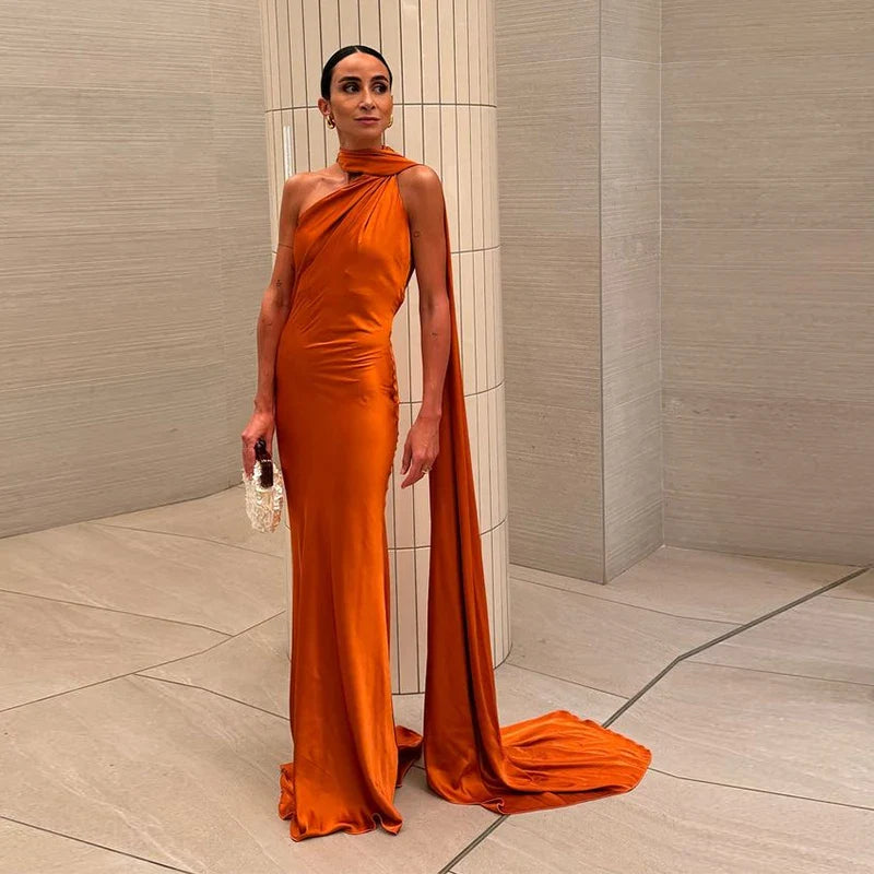 orange dress with neck scarf Leely Women Orange Neck Scarf Long Sweetheart Prom Dress Pleated Chiffon Formal Dress with Slit