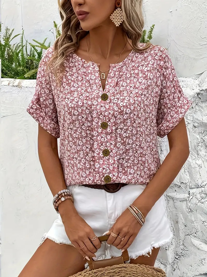 Women’s Short Sleeve Floral Button Front Blouse