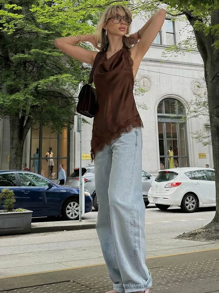 Women’s Sleeveless Lace Trim Halter Top