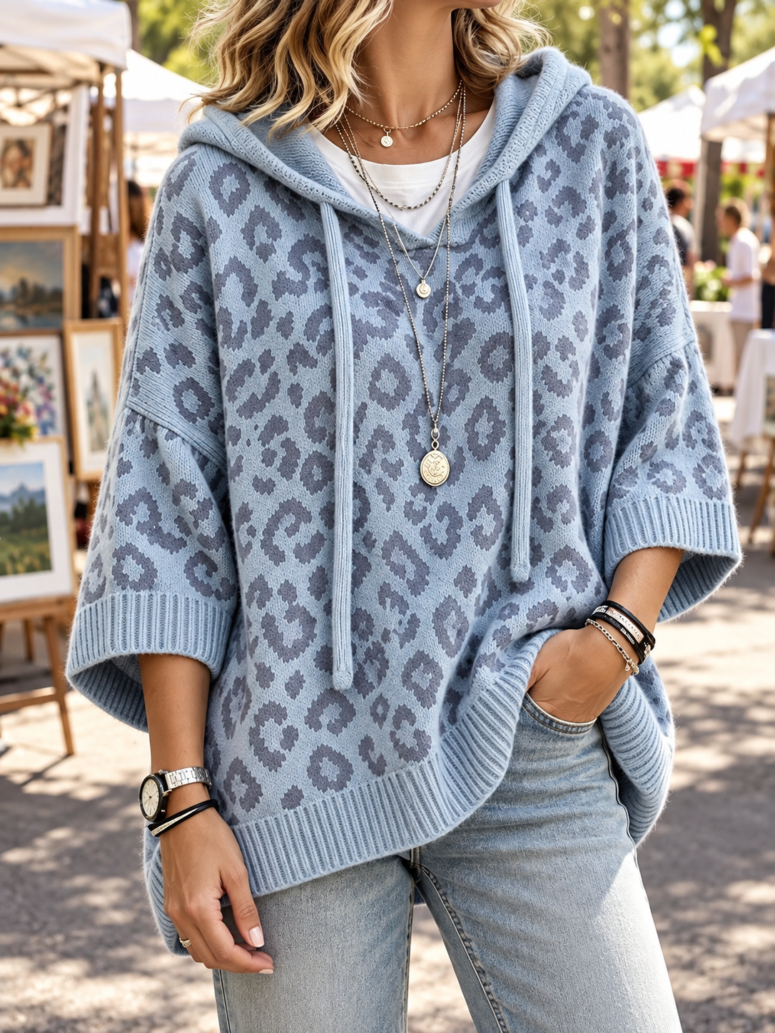 Women's Animal-Print Drawstring Ribbed-Trim Knit Oversized Hoodie