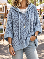 Women's Animal-Print Drawstring Ribbed-Trim Knit Oversized Hoodie