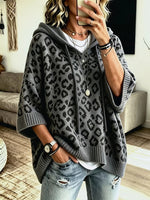 Women's Animal-Print Drawstring Ribbed-Trim Knit Oversized Hoodie