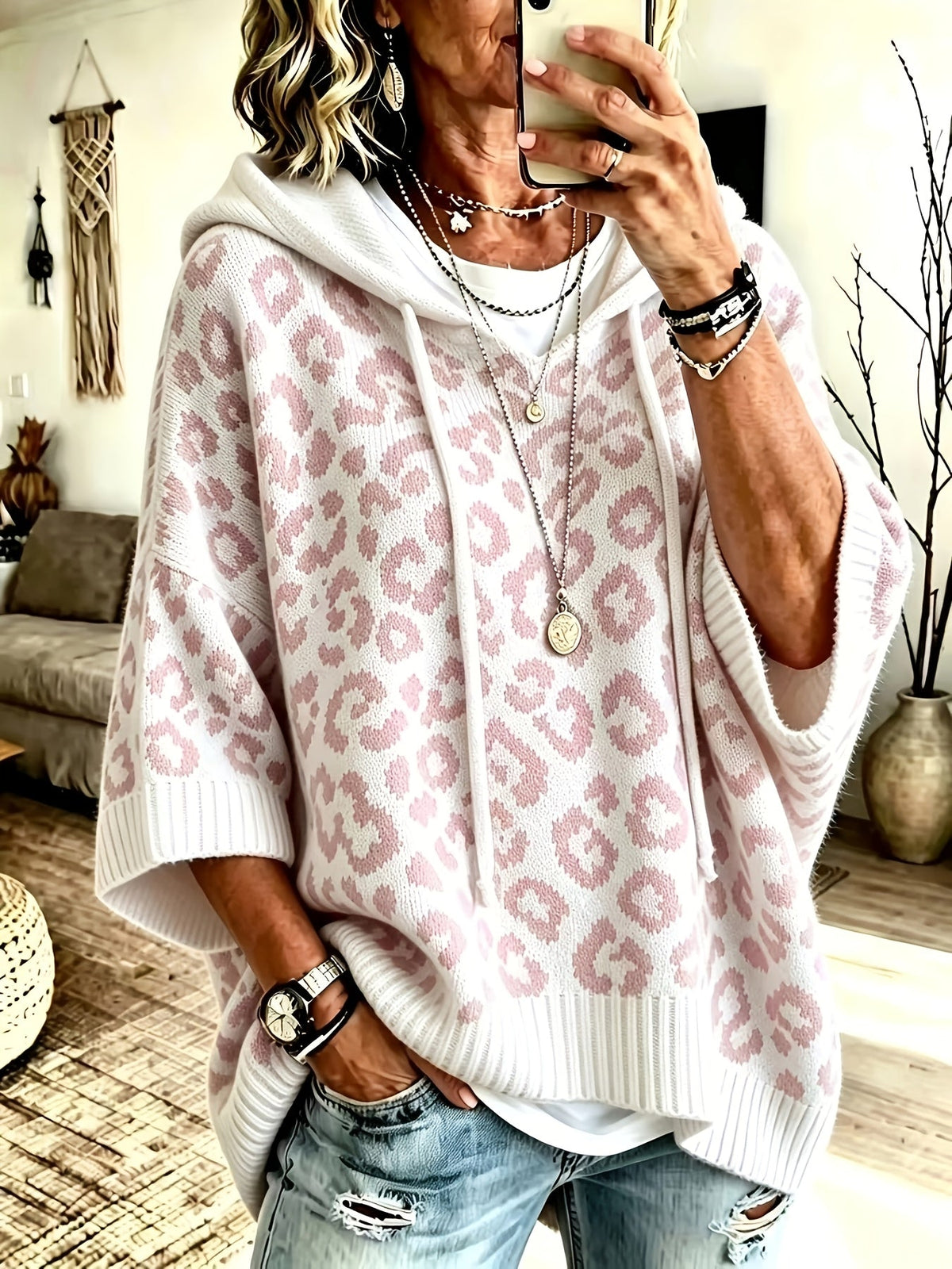 Women's Animal-Print Drawstring Ribbed-Trim Knit Oversized Hoodie