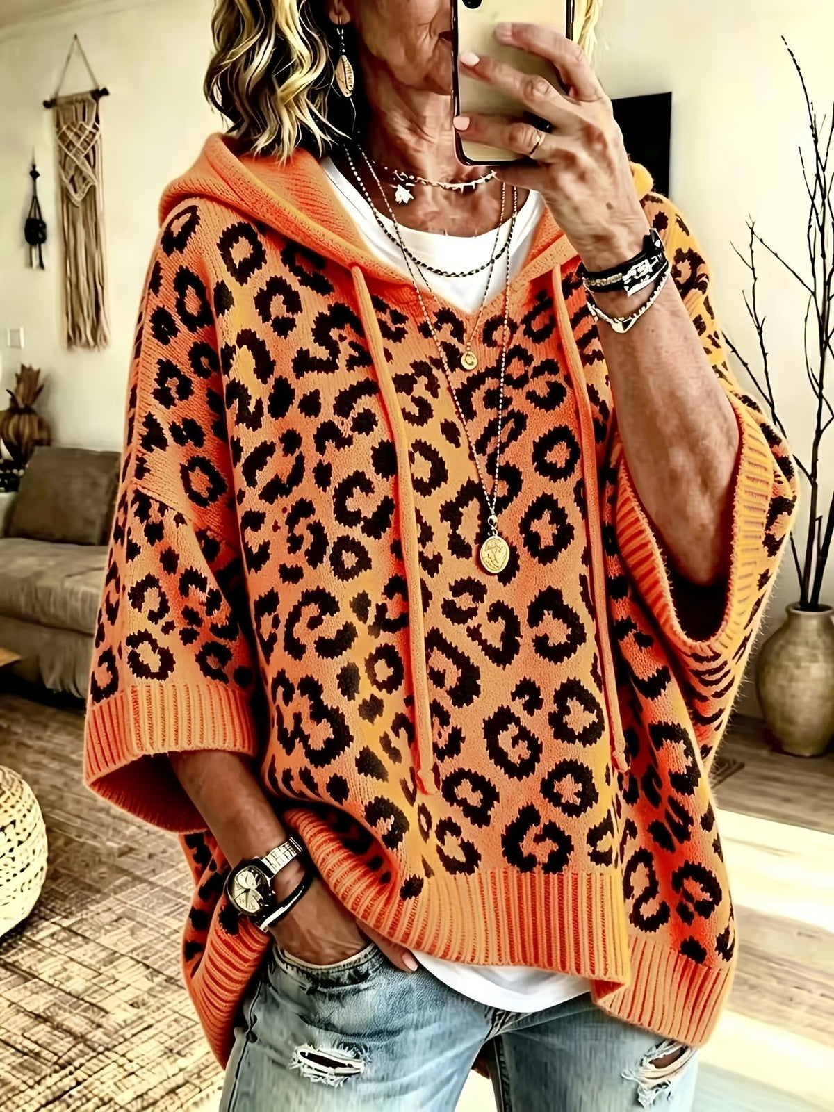 Women's Animal-Print Drawstring Ribbed-Trim Knit Oversized Hoodie