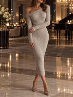 Women's Asymmetrical-Neckline Long-Sleeve Ribbed Knit Sweater Maxi Dress
