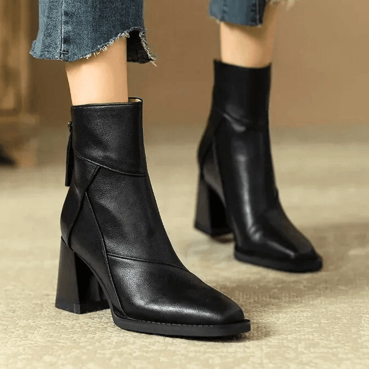 Women’s Back Zip Tassel Pull Block Heel Ankle Boots